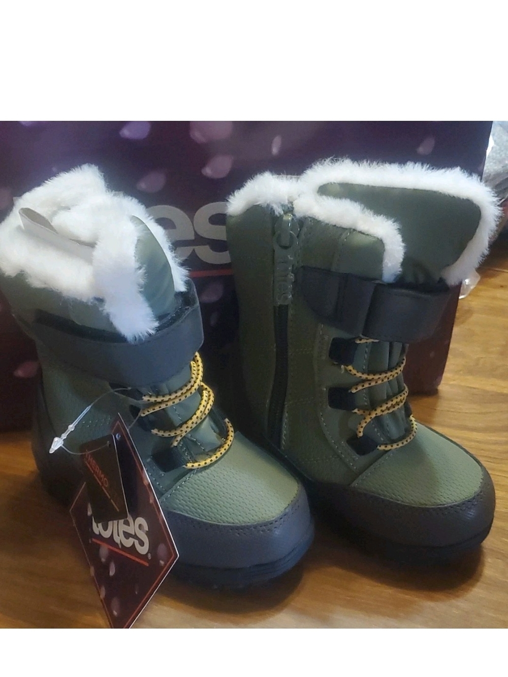 totes Olive Green and White Faux Fur Kids Winter Boots